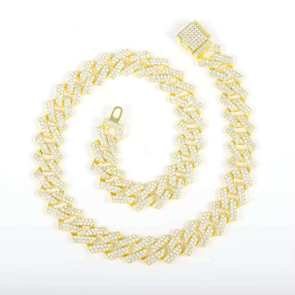 15MM Moissanite Cuban Link Chain Gold Plated Alloy Fashion Jewelry Hip Hop Necklace Bracelet for Men