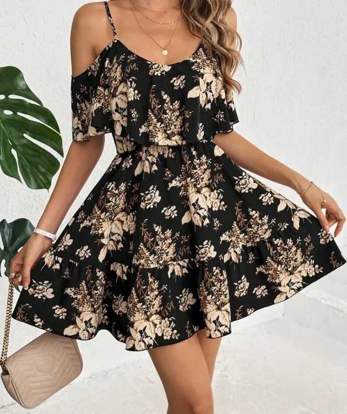 100% Cotton Printed Halter Neck Mini Dress Womens Bowed Waist Pleated Skirt Short Sleeve V-neck Gown for Ladies Fashionable XJ250814