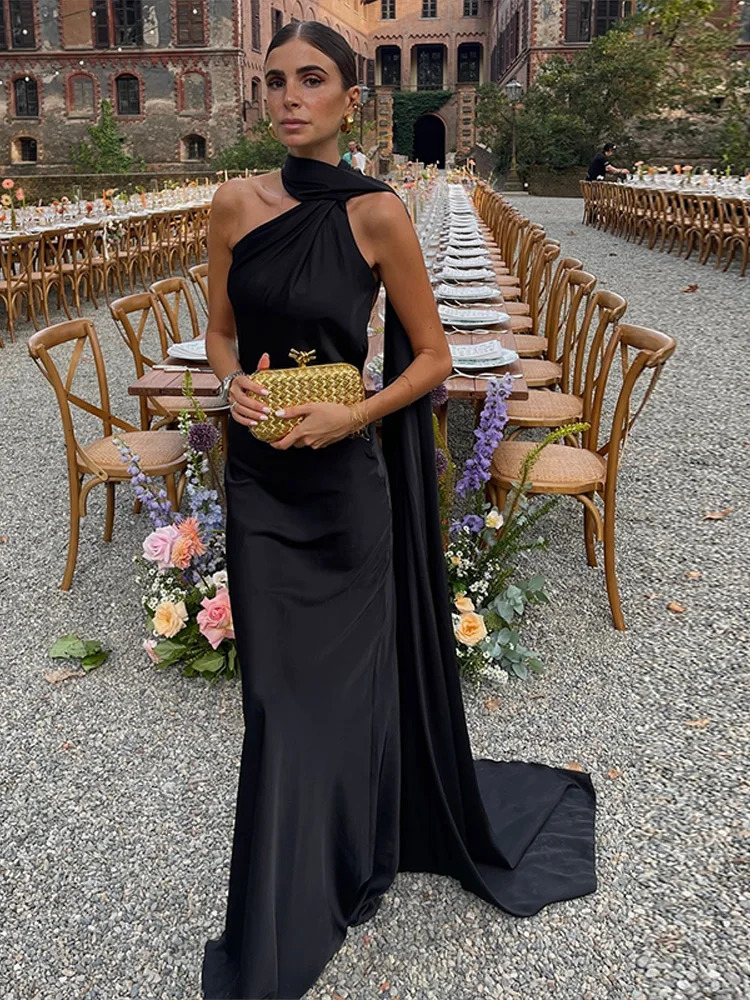 Satin Ribbon Halter Long Dress Women Elegant Sleeveless Backless Waist Cinching Dragging Evening Dresses Chic Ladies Vestido 250813