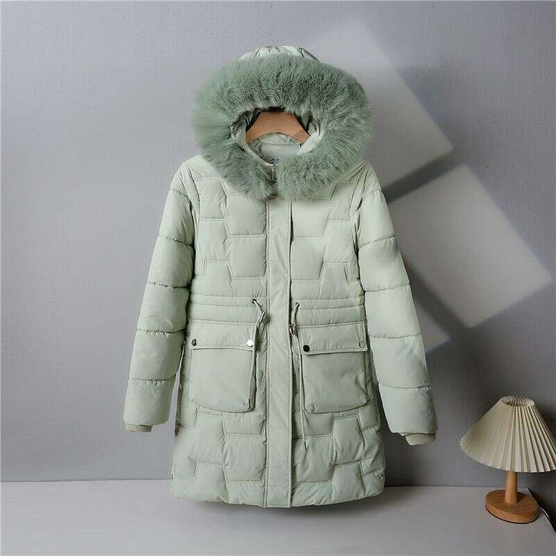 Autumn Winter Women Parkas Korean Fashion Solid Fur Collar Hooded Pockets Zipper Thicken Long Drawstring Down Coats Tops