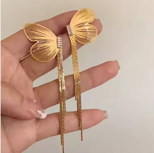 Butterfly Wing Personality Exaggerated Rhinestone Long Tassel Earrings Fashion Metal Unique Party Accessories for Girls