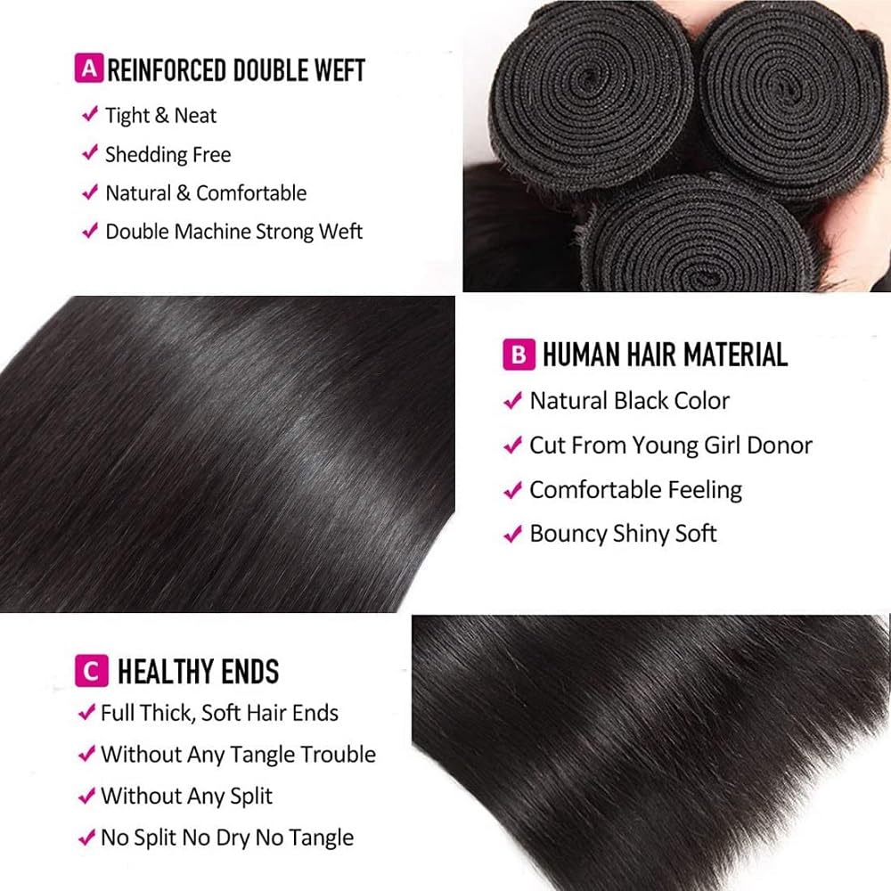 Brazilian Straight Human Hair Extensions - 100% Pure & Natural, 10a Grade, 3-Piece Bundle