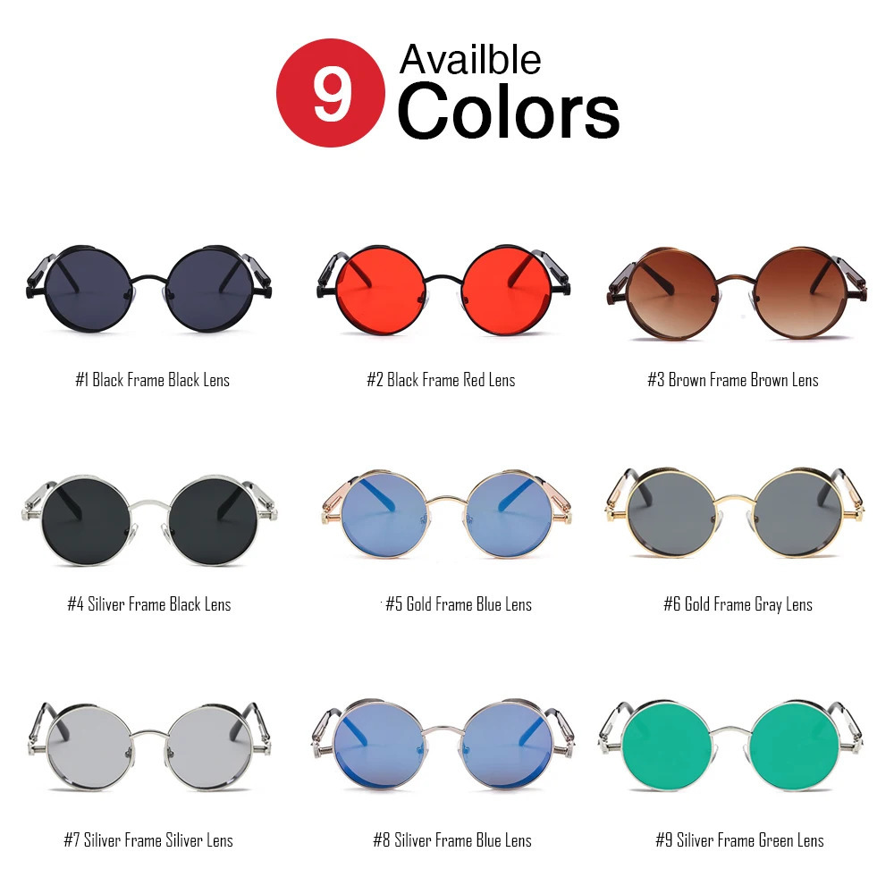 VIVIBEE Vintage Steampunk Red Sunglasses Men Round Punk Alloy Metal Retro Sun Glasse 2025 Goggles Gothic Style Shades 250804