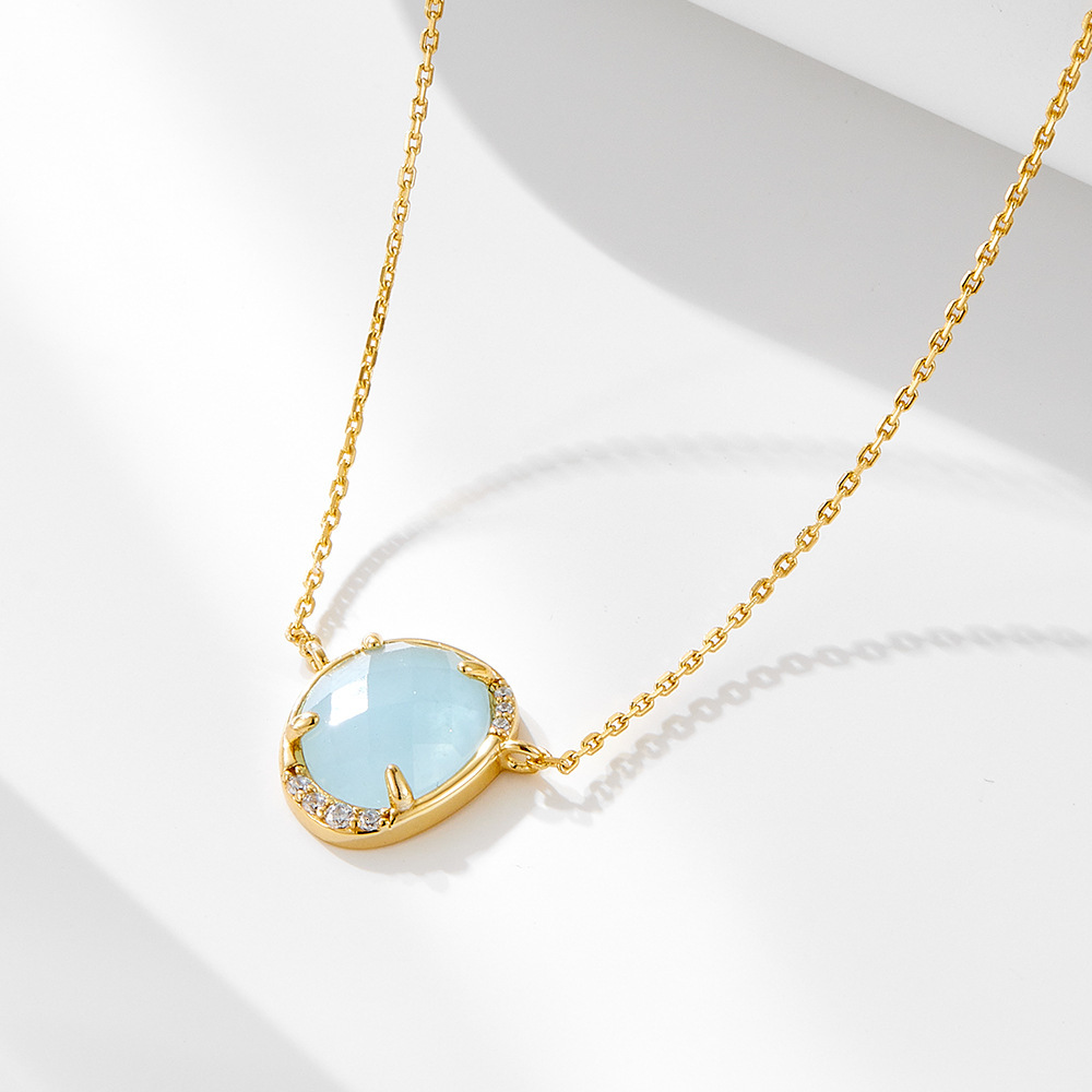 Oval Egg-Shaped Natural Aquamarine Pendant Sterling Sier Necklace for Women, Niche High-End Clavicle Chain Jewelry for Women