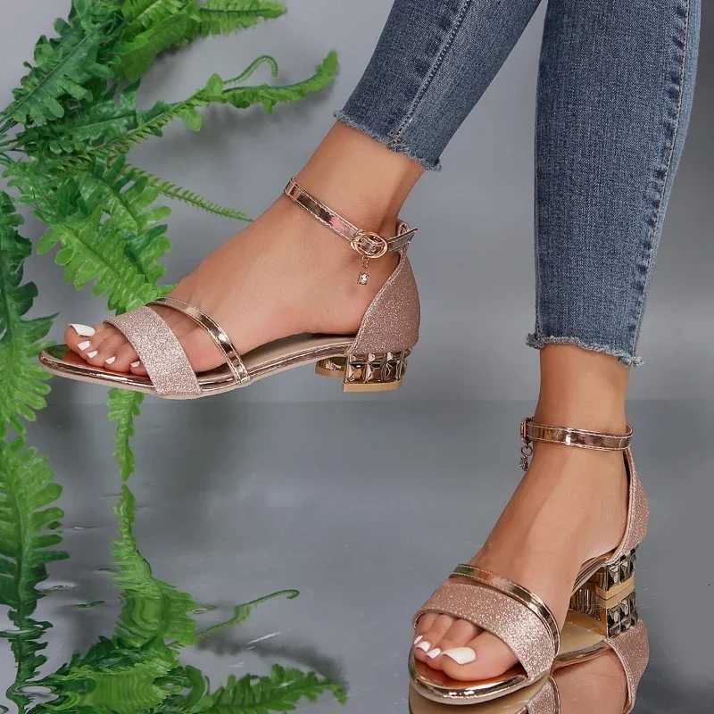 2024 Women Sandals Heels Casual Shoes Womens Open Toe Summer Gold Shoes Square Female Ankle Strap Low Heels Footwear Woman W250814