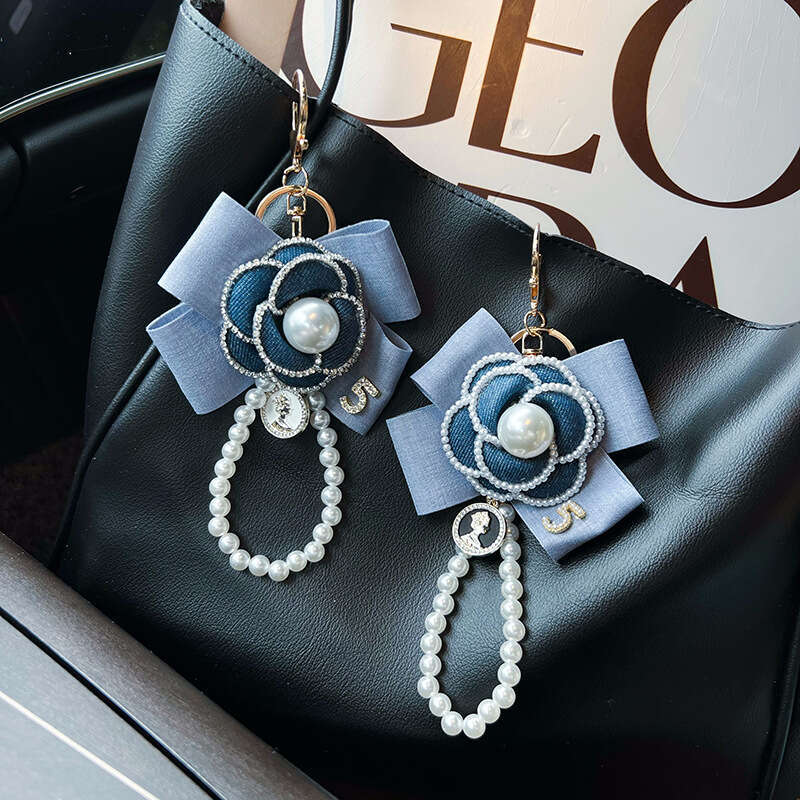 Internet Celebrity Personality Denim Color Bow Camellia Pearl Chain Keychain Car Key Bag Women's Small Pendant