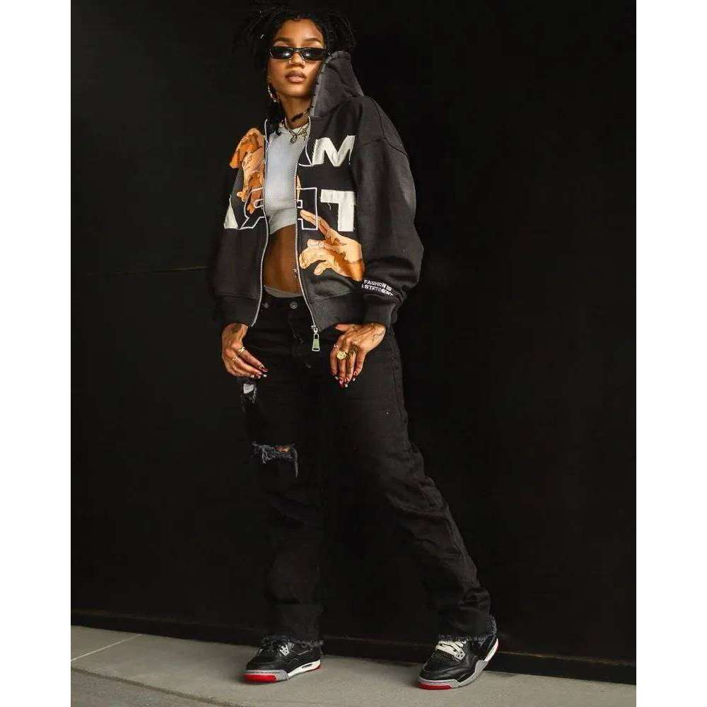 American Retro Letter Print Haruku Y2k Loose Sweatshirt Men Street Casual Fashion Couple Oversized Zipper Hoodie Women