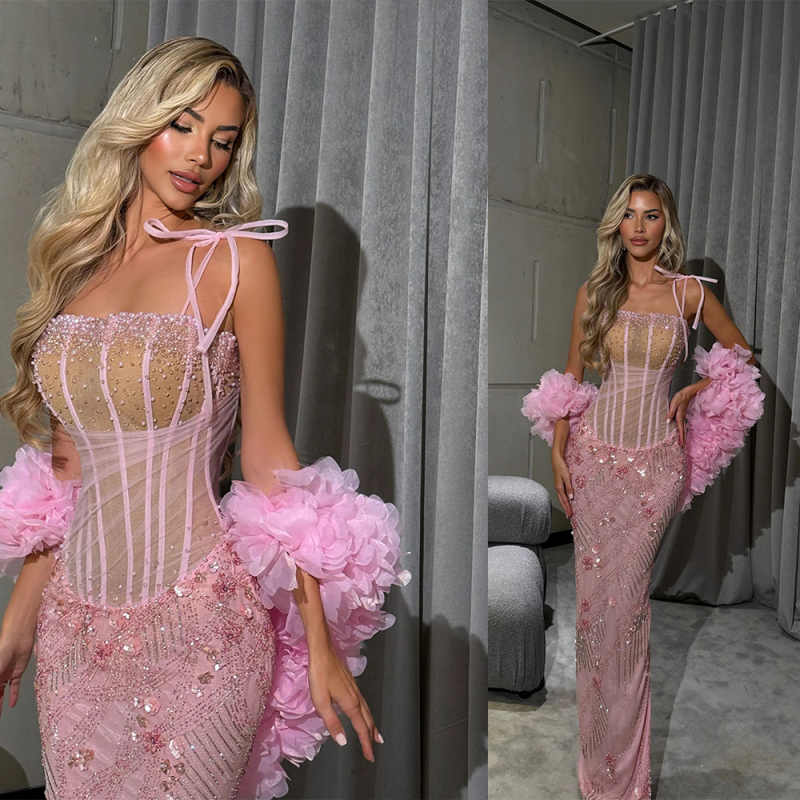 Elegant Spaghetti Straps Prom Dresses Sexy Sequined Crystal Sleevless Evening Gowns See Through Ruffle Party Dress Customized