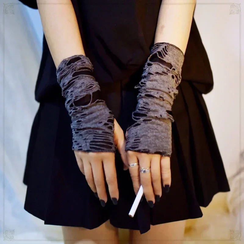 Gothic Black Fingerless Long Gloves Punk Hole Half-finger Glove Arm Warmer Beggar Cosplay Halloween Costume Accessories 250813