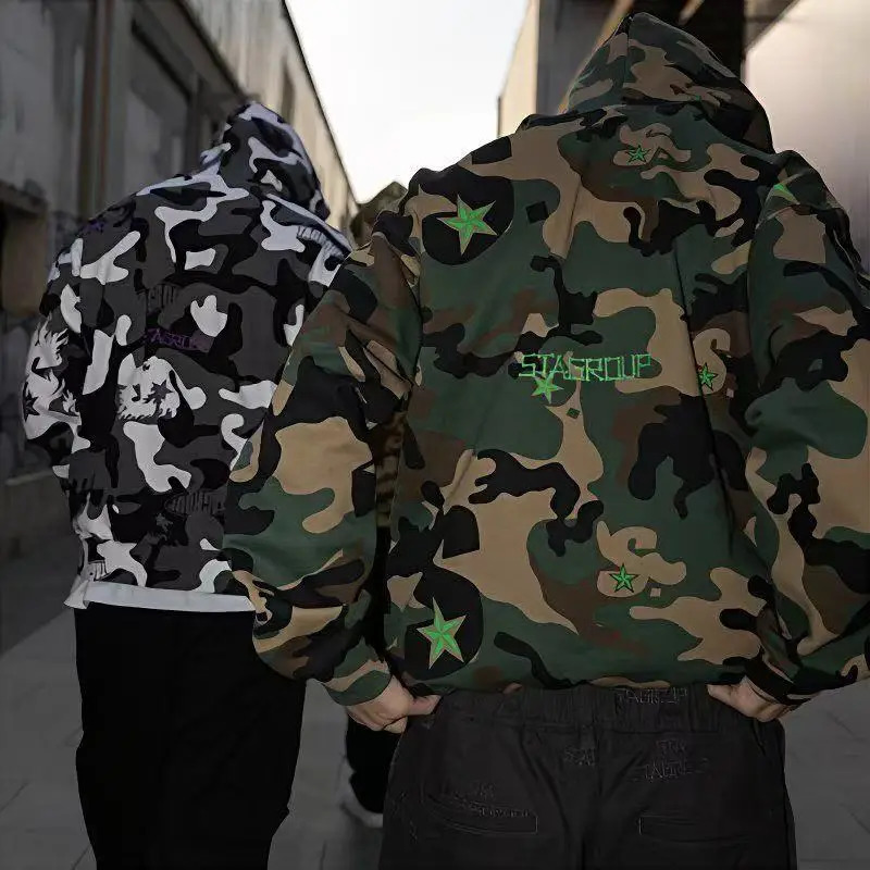 Star Camouflage Mens Hooded Sweater Retro Trend American Street Harajuku Goth Fashion Hip Hop Graffiti Couple Zipper Coat 250813