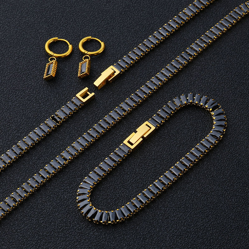 6mm Stainless Steel Black Cubic Zirocn Tennis Chain Necklaces Bracelet Earrings