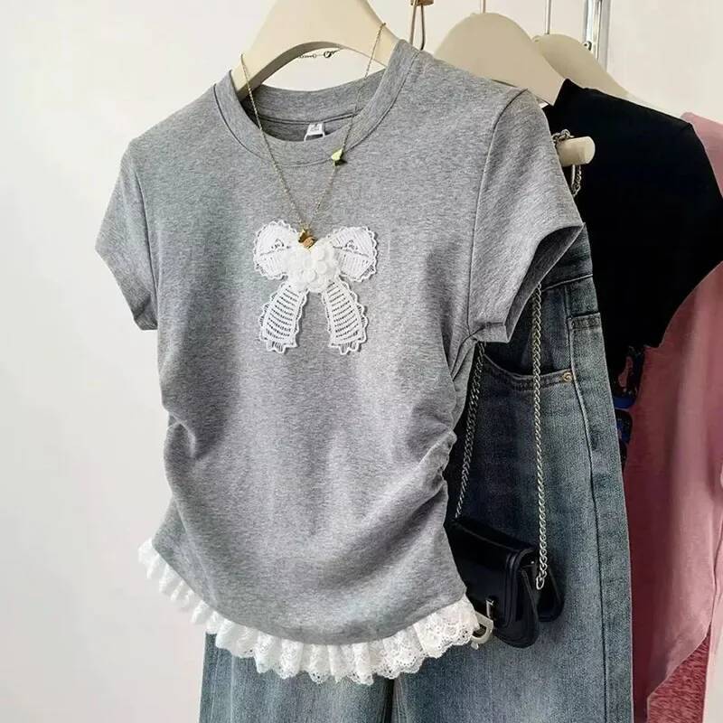 2025 vintage bow lace short sleeved T-shirt for women, Y K round fashion neck stitched design top for women, summer Korean slim fit cropped pants T-sh