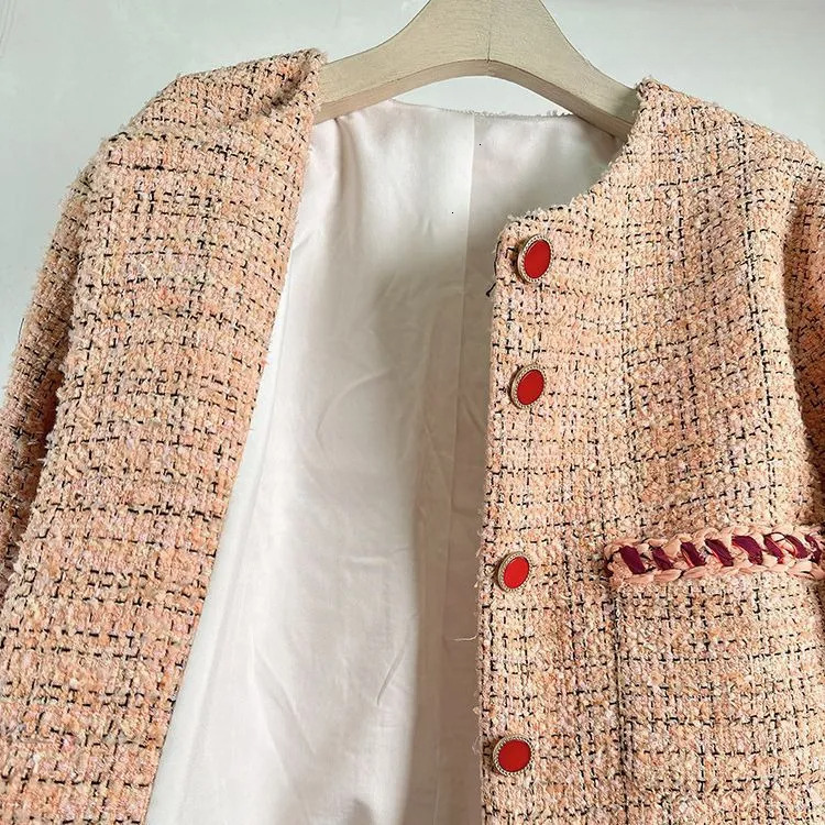 Autumn Winter Socialite Tweed Elegance Style Pink Women Single Breasted Round Neck with Pockets Short Coat