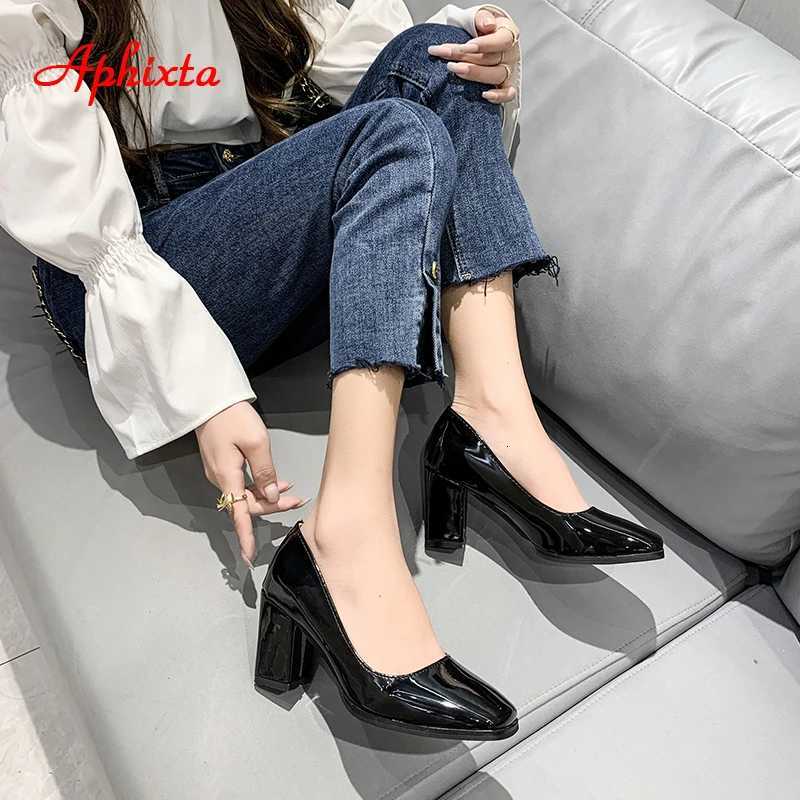 7.5cm Square Toe Patent Leather Shoes Women Pumps Thick Heels Womens Shoes Work Party Shoes Super Big Plus Size 50 W250814