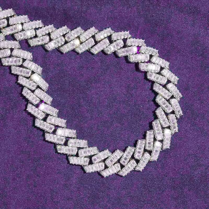 Hip Hop 925 Sterling Silver Mens Womens Iced Cuban Link Chain VVS Moissanite Baguette Passd Diamond Tester Moissanite Necklace
