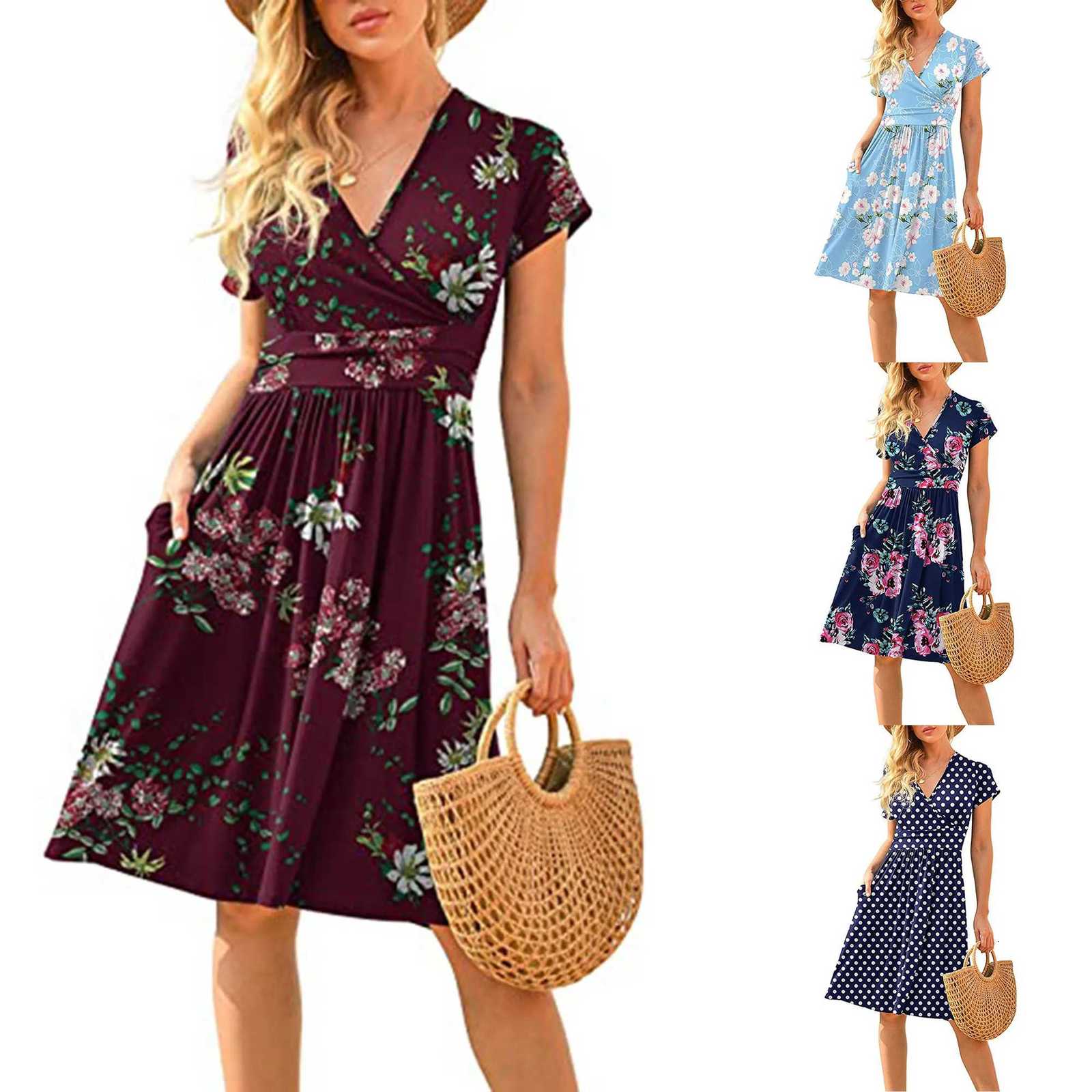 2024 Spring/Summer New Womens Long Skirt V-neck Short Sleeve Pocket Printed Loose Dress in Europe and America XJ250814