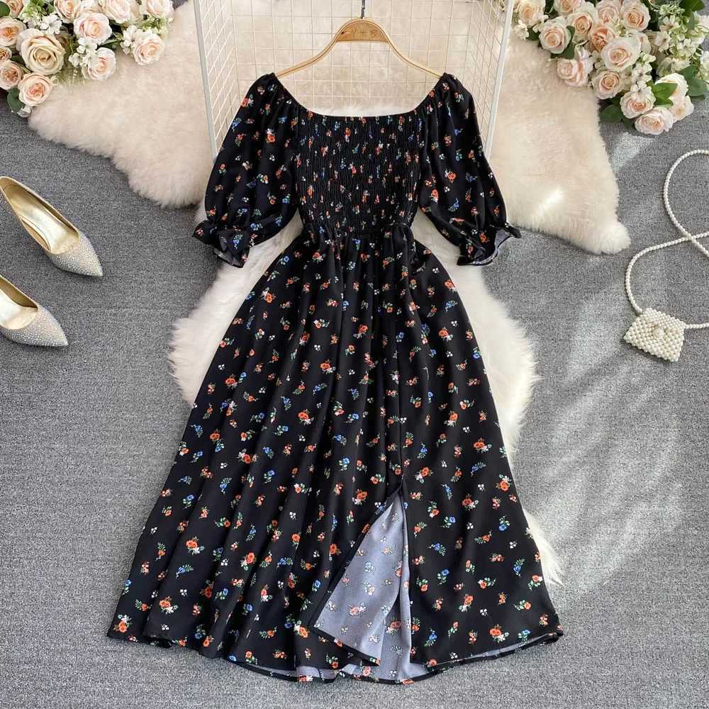 2026 Fashion New Summer Flower Print Long Dress Women Vintage Square Neck Ruched Chest Split Sundress Party Dresses XJ250814