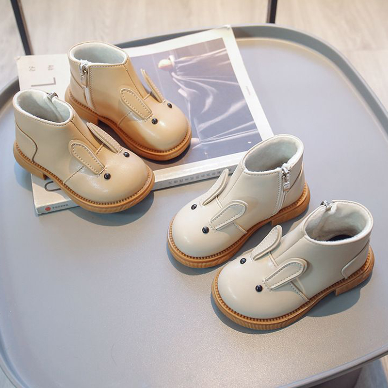 Cartoon Rabbit Baby Ankle Boots for Girls England Style Children Cute Bunny Winter Short Boots Low Kidsnest Heel Kids Girl Leather Shoes Sizes US 5C-1