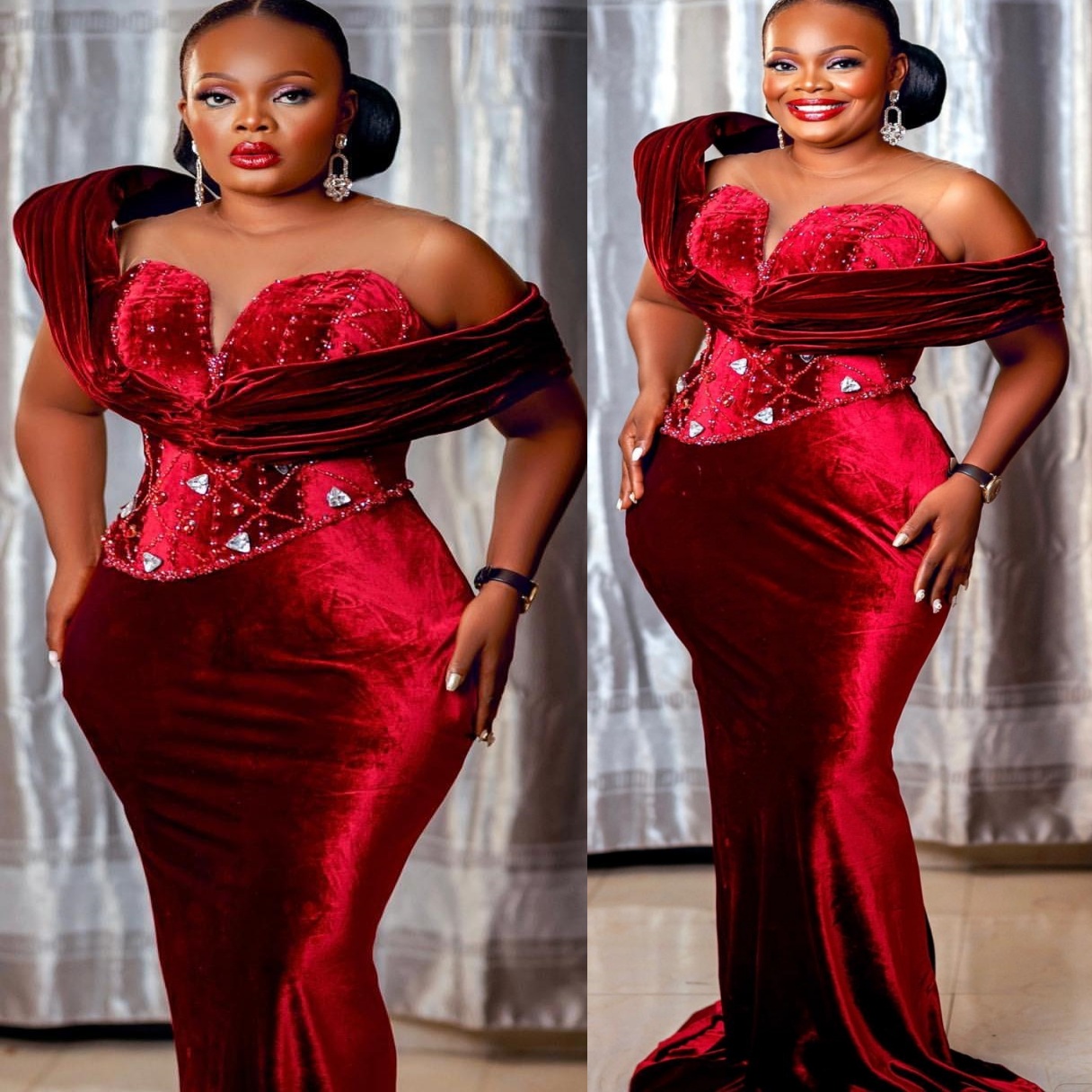 Mermaid Dark Red Prom Dresses 2025 Velvet Crystals Beaded Sheer Neck Evening Formal Party Second Birthday Engagement Gowns Plus Size Dress For Special