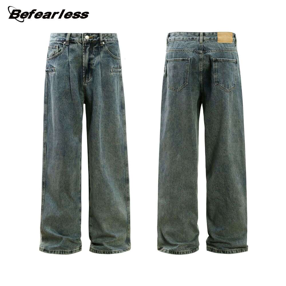 American Style Washed Vintage Loose Jeans Unisex Straight Vibe Wide Leg Pants B5