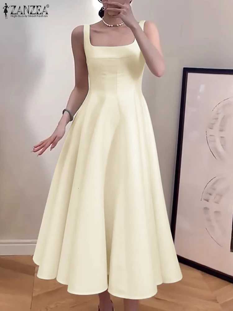 2024 Summer Holiday Waisted Casual Square Collar Midi Dress ZANZEA Women Sleeveless Tank Dress Vintage Solid A-line Dress XJ250814