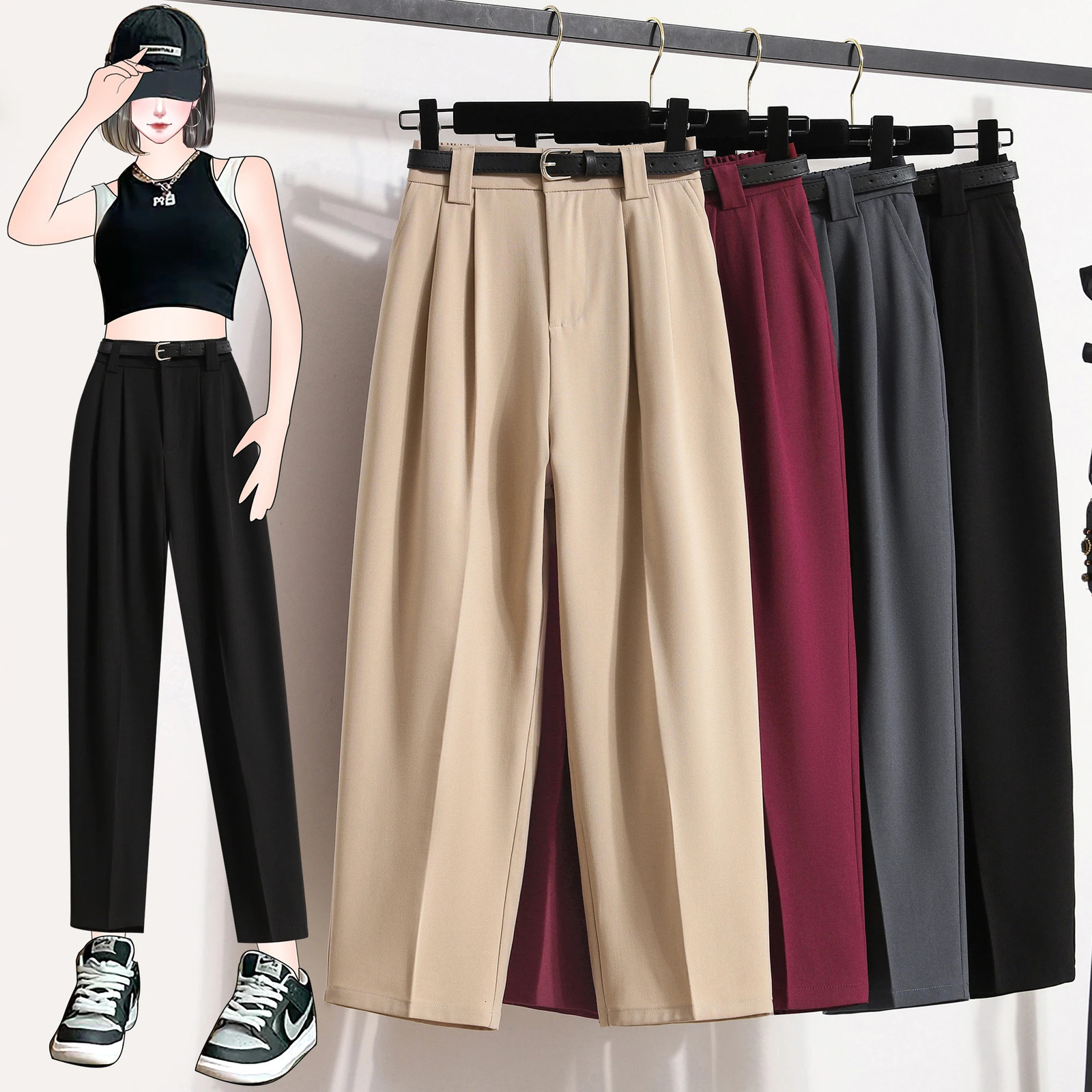L4XL Plus Size Pants For Women 2025 Arrivals High Waist Straight Suit Pant Korean Style Casual Trousers Female 250808