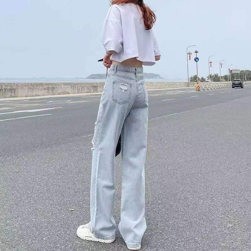 Pierced High Waist Jeans Women's Spring and Summer Straight Tube Loose 2022 New Fashion Casual Thin Wide Leg Pants