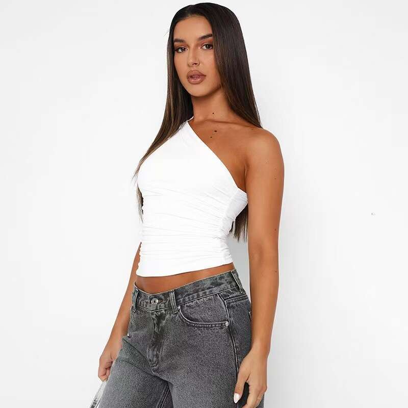 AYJ24S016 Women's Sexy Asymmetrical Shoulder Ruched designer t shirt Tight Tank Inner Elegant Tube Top Outer Wear