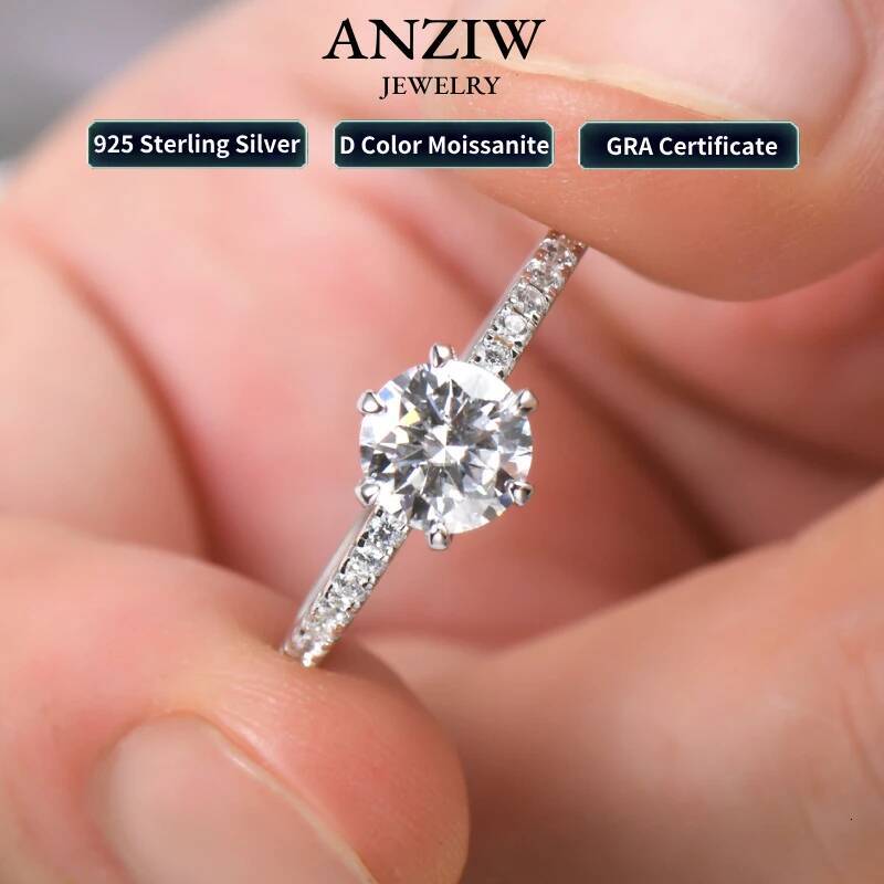 Anziw 100% 925 Silver 1CT 6.5mm Round Moissanite Wedding Rings Engagement Promise Finger Ring GRA Certified Jewelry For Women