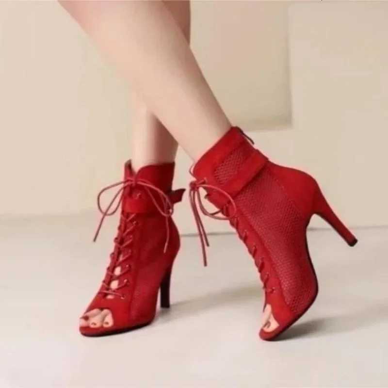 New Noble High Quality Jazz Dance Shoes for Womens Sexy Red Heels Ankle Boots Peep Toe Zipper Indoor Dancing Sandals W250814