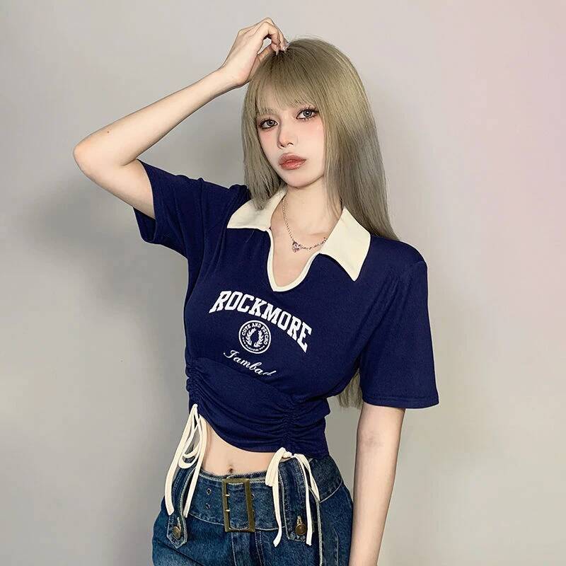 2025 Women's Designer Sweet and fashion Spicy Style Clothes Women's Drawstring Strap Cutting Top Women's Folding Collar Pattern Short S
