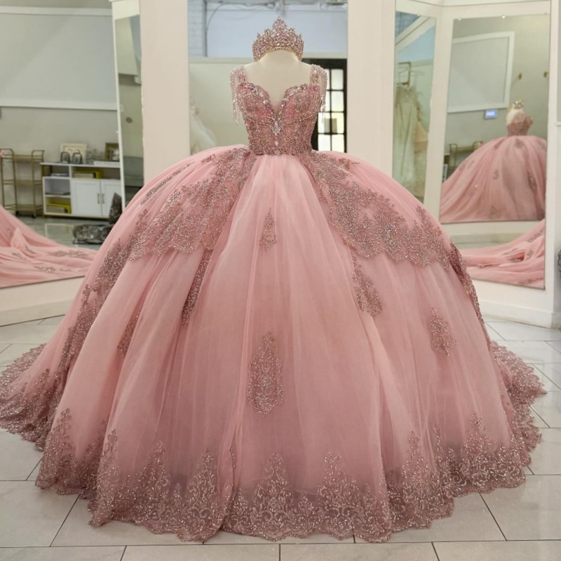 Pink Shiny Quinceanera Dresses Off The Shoulder Sequin Applique Lace Beading Bow Tull Party Birthday Ball Gown Vestidos De 15 Anos Sweet 16 Dress