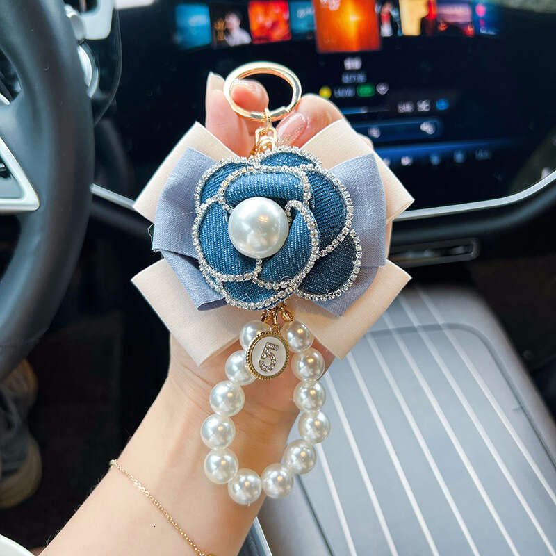 Unique Denim Color Block Bow Keychain with Rhinestone Edge Camellia Pearl Chain Bag Pendant