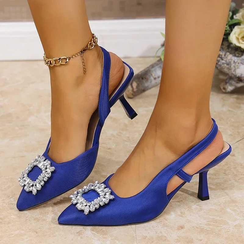 2025 Elegant Ladies Crystal Buckle Pumps Summer Sexy Pointed Toe High Heels Sandals Women Back Strap Party Wedding Shoes W250814