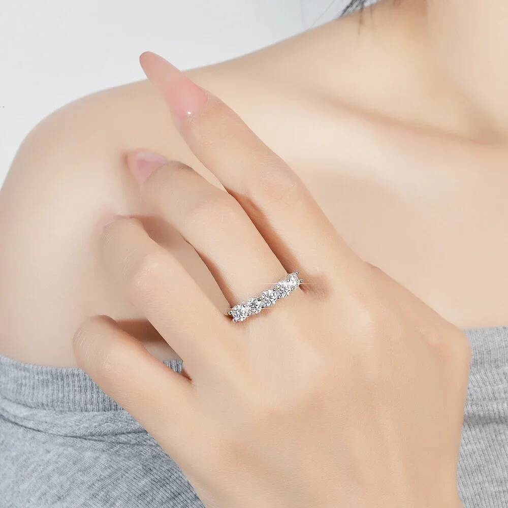 5 Stone Round Brilliant Cut Moissanite Wedding Rings Half Eternity Band 925 Silver 4mm Lab Diamond Wedding Ring for Women Men