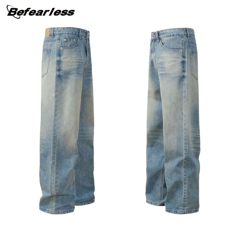 American Style Washed Cat Whiskers Clean Fit Straight Wide Leg Jeans Trendy Brand High Street Loose Men's Long Pants B5