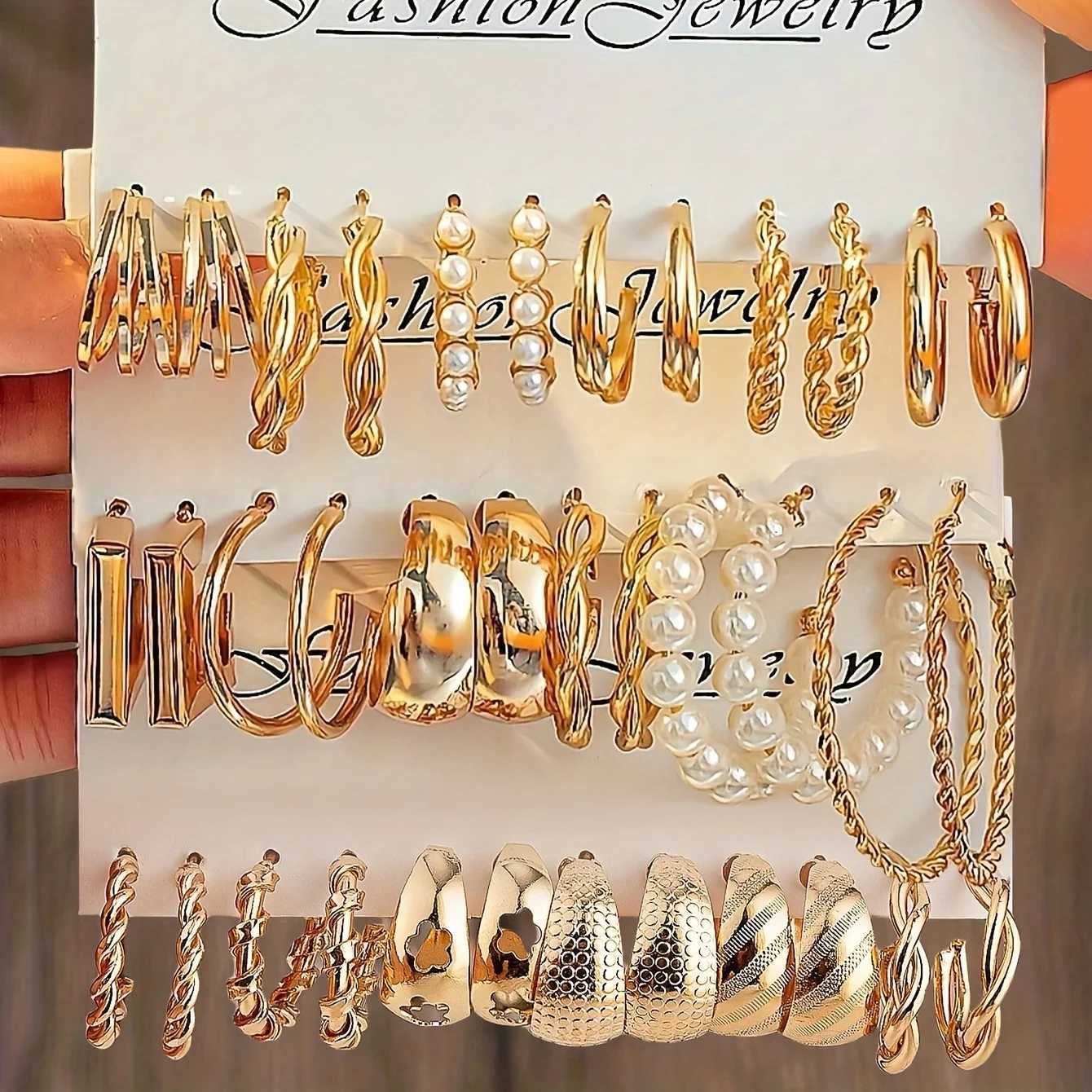 Fashion Geometric Hoop Earring Twisted Pattern Multi-Element Inlaid Imitation Pearl C-Shed Earring Womens Daily Party Jewelry XJ250814