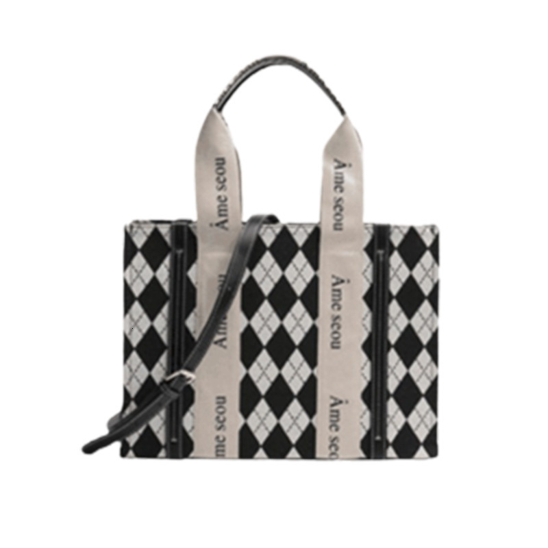 Autumn Winter Houndstooth Diamond Shoulder Design Canvas Commuter Tote Bag for Women