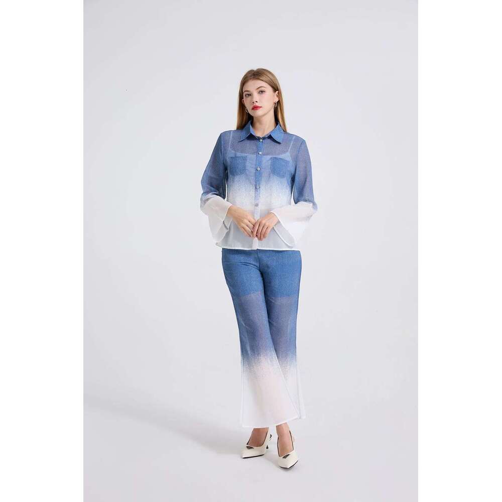 Fashion Gradient Print Shirt Sleeve Chiffon Blouse + High Waist Flared Pants Two-Piece Set
