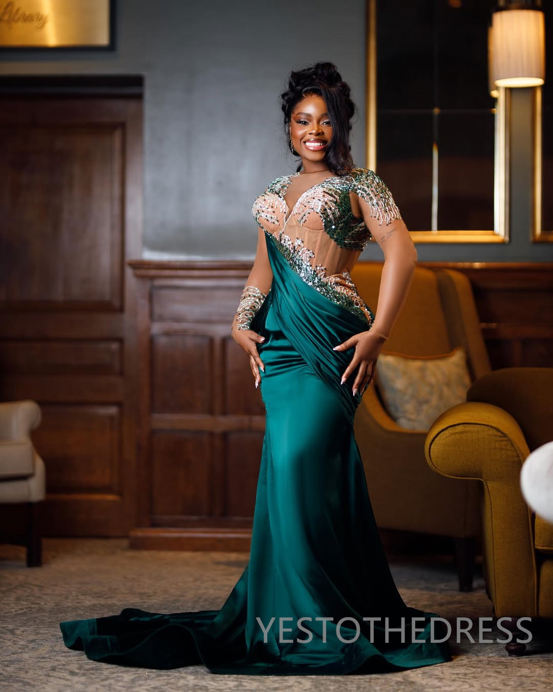 2025 Mermaid Hunter Prom Dresses For Black Women Aso Ebi Illusion Sheer Neck Long Sleeves Appliqued Lace Beaded Birthday Dress Second Reception Gown A