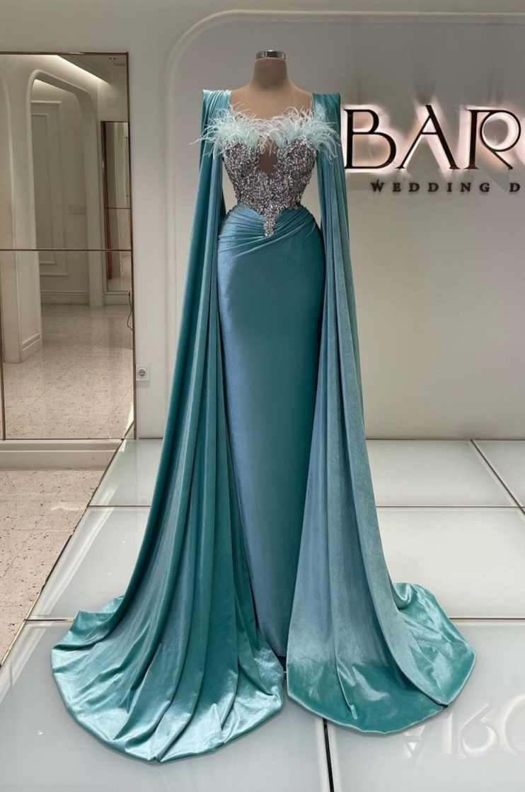 Sexy Applique Crystal Prom Dresses Beading Feather Sequined Evening Gowns Floor Length Velvet Party Dress Customized