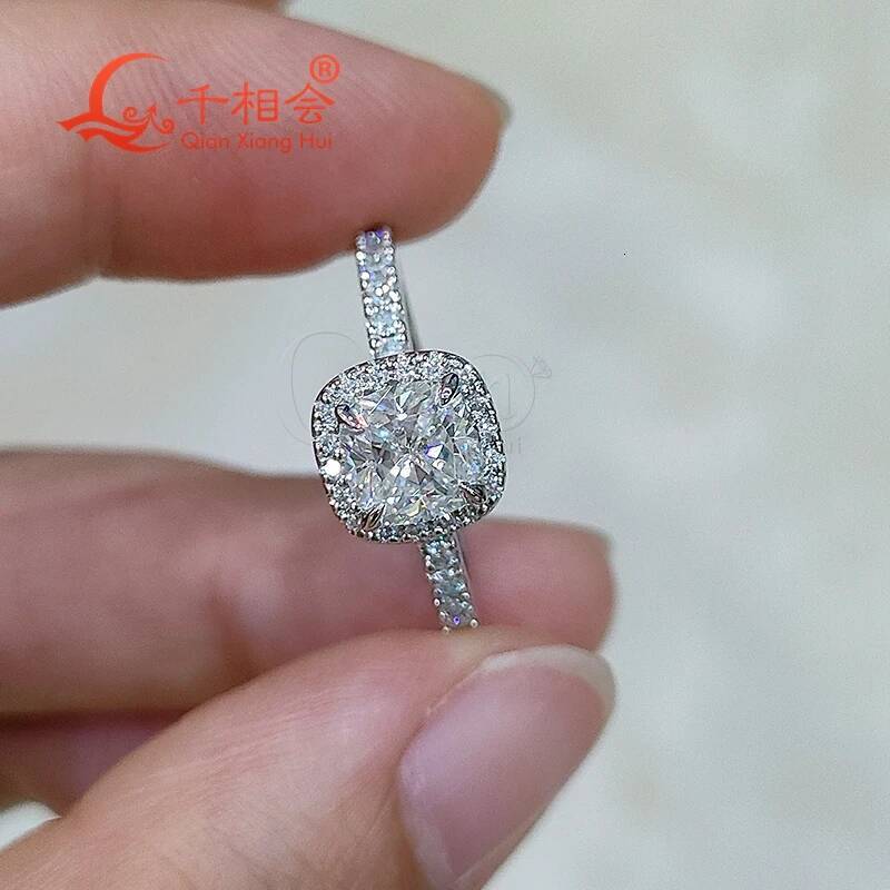 6mm Cushion Halo Ring Women round Half Eternity Band D White VVS Moissanite 925 Sterling Silver Jewelry for Engagement