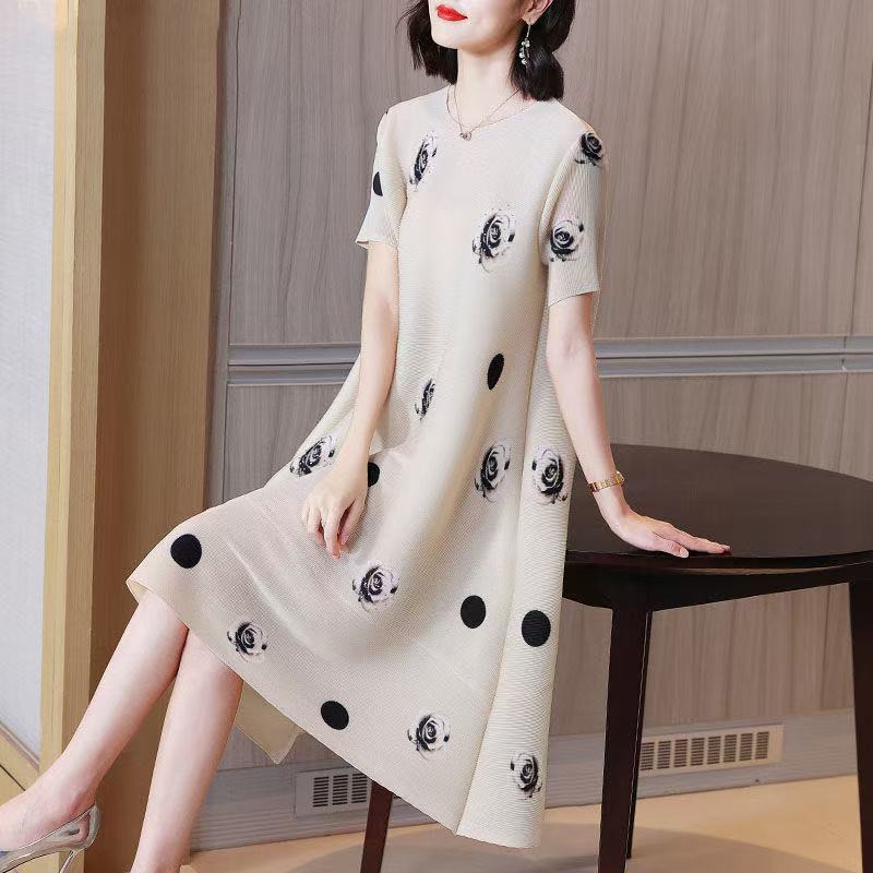 plus size women's new long sleeve high waist printed banquet dress mid-length skirt D02490