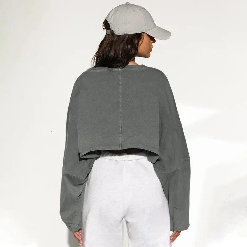 Women Sports Crop Tops Long Sleeve Loose Sweatshirts Female Fitness Running Yoga Pullovers Gym Clothing Ladies Oneck Hoodies 250813