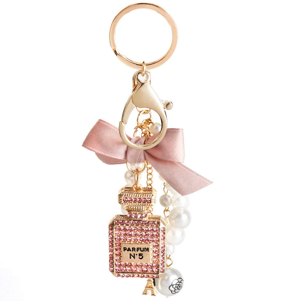 Korean Version Creative Full Diamond Inlaid Perfume Bottle Keychain for Women, Bowknot Pearl Bag Pendant Small Gift