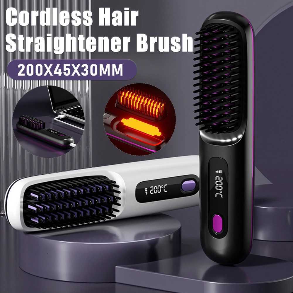 Electric Hair Straightener Brush Ceramic Heating Electric Brush Cordless Anti-Scald Ionic Hot Comb LED Display Hair Straightener W250814
