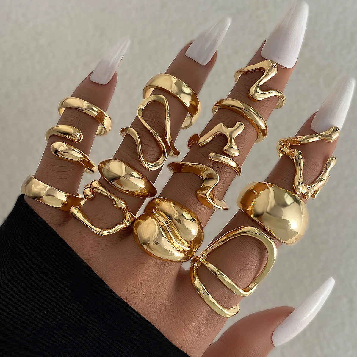15Pcs/Set Exaggerated Metal Irregular Lines Water Droplet Smooth Rings for Women Men Punk Retro Boho Fashion Jewelry Gift 250811