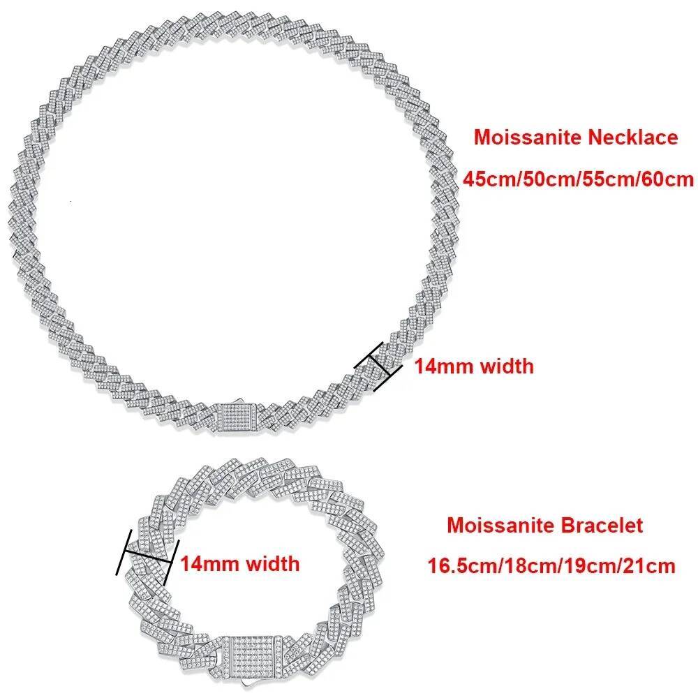 14mm D Color Full Moissanite Cuban Chain Necklace Bracelet for Men Women 925 Sterling Silver Hiphop 2 Row Stone Cuban Jewelry