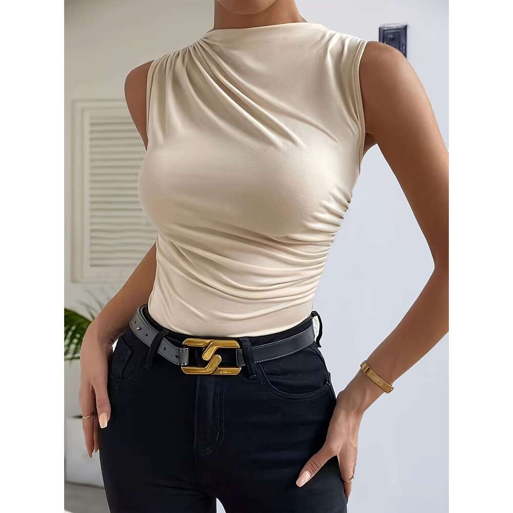 European 2025 Spring Summer New Fashion Versatile designer t shirt Solid Color Ruched Sleeveless Pullover Half High Neck T-Shirt