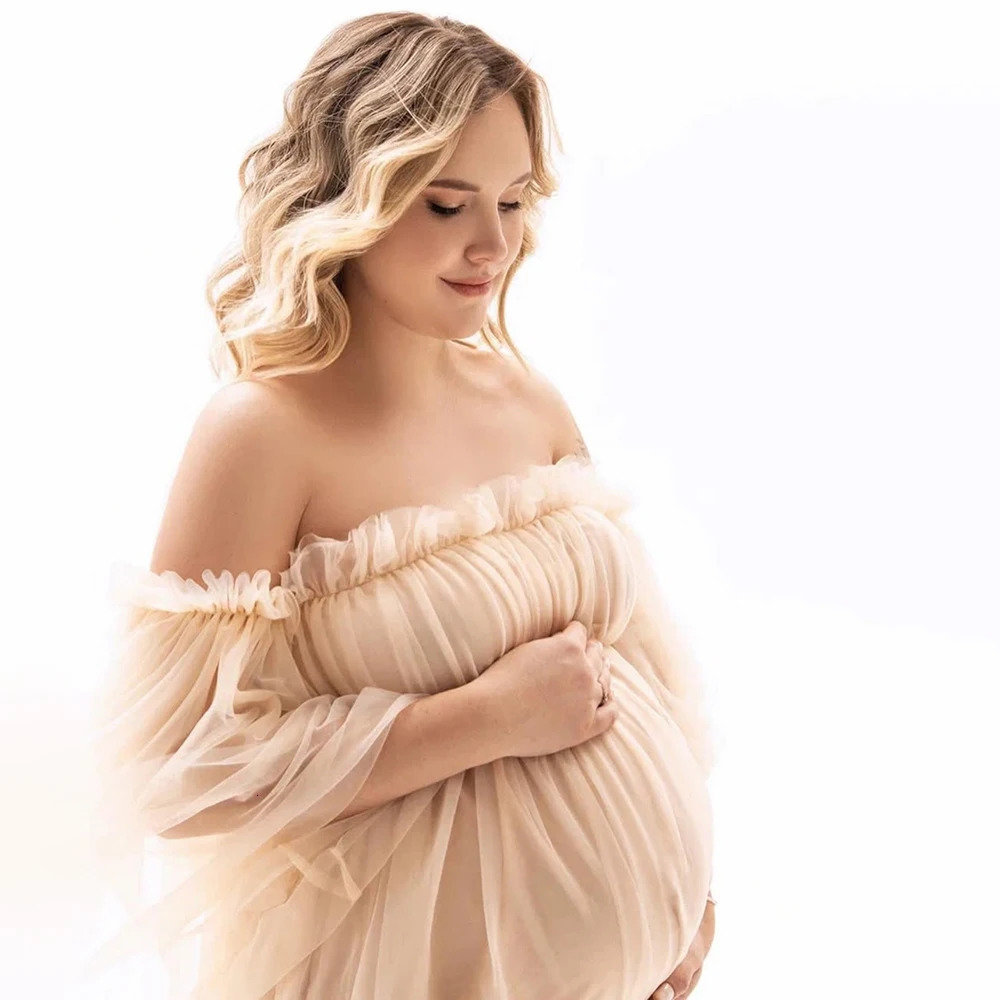 Maternity Mesh Pography Gown Long Sleeves Off-shoulder Elegant Summer Short Dress for Baby Shower Poshoot 250813